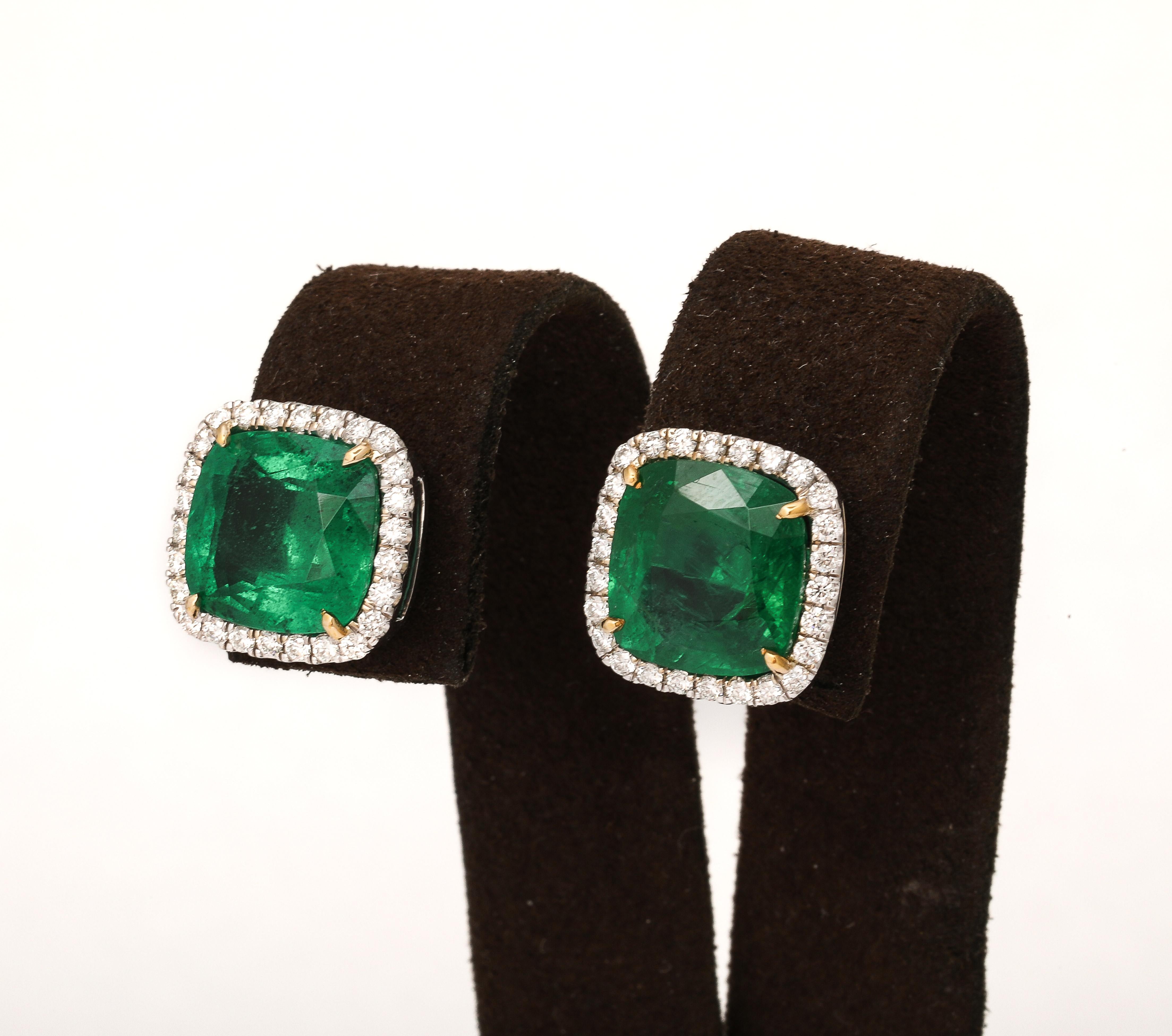 Cushion Cut Emerald and Diamond Stud Earrings For Sale 4