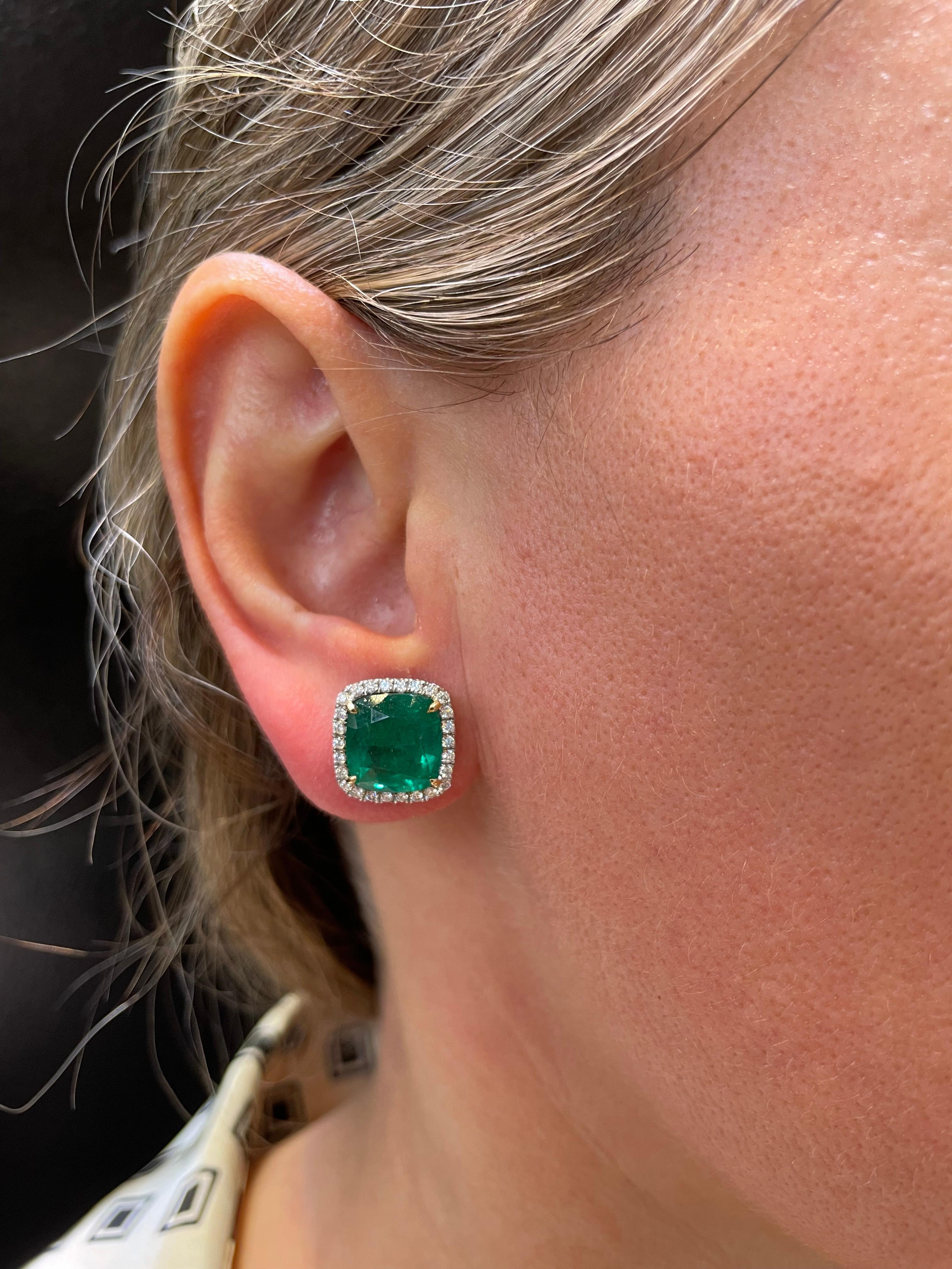 Cushion Cut Emerald and Diamond Stud Earrings For Sale 5
