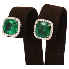 Cushion Cut Emerald and Diamond Stud Earrings 