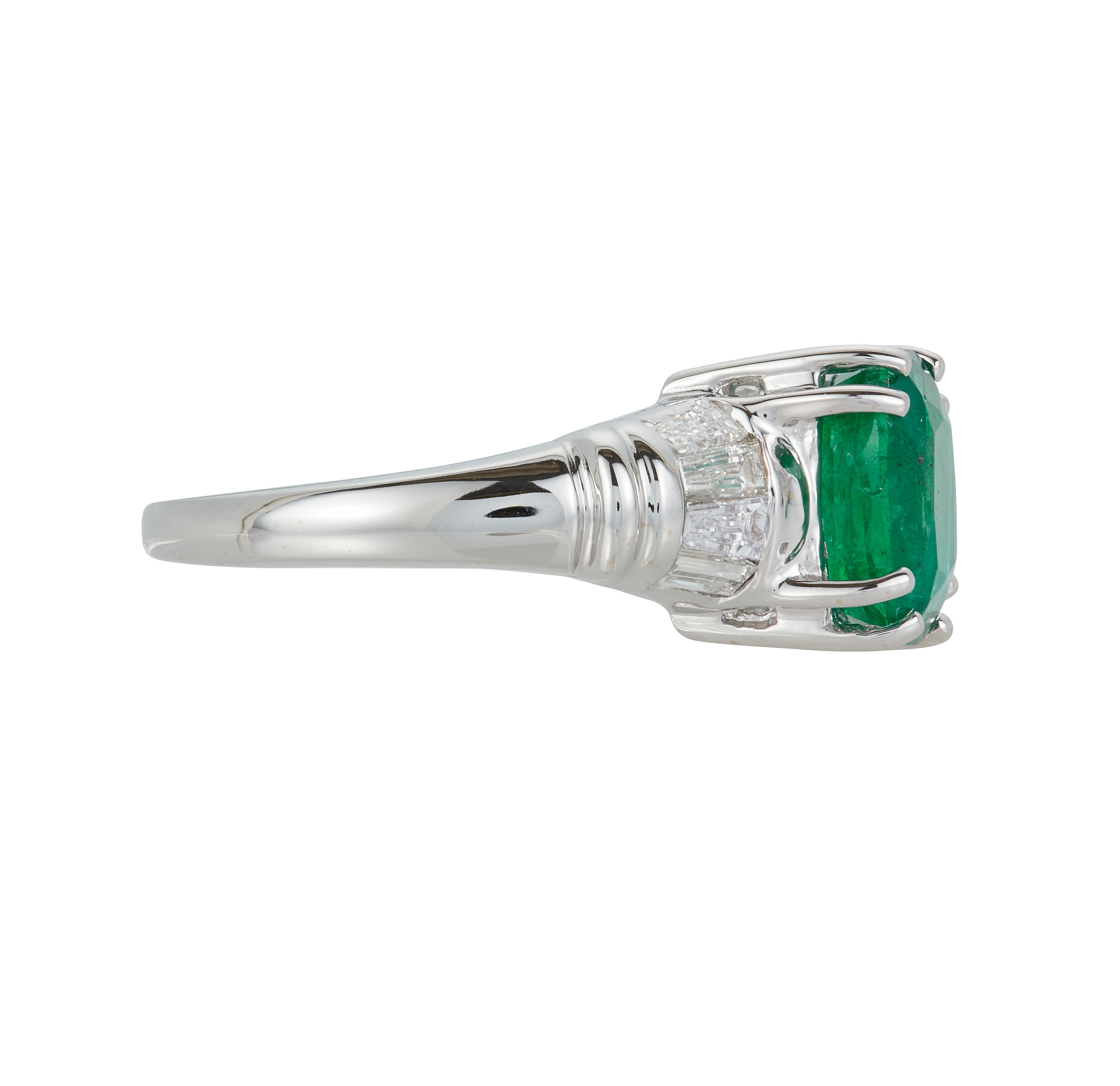 18K White Gold
1 Cushion Cut Emerald at 2.71 Carats- Measuring 8.4 x 9.1 mm
8 Baguette White Diamonds at 0.43 Carats - Color: H-I /Clarity: SI

Alberto offers complimentary sizing on all rings.

Fine one-of-a-kind craftsmanship meets incredible