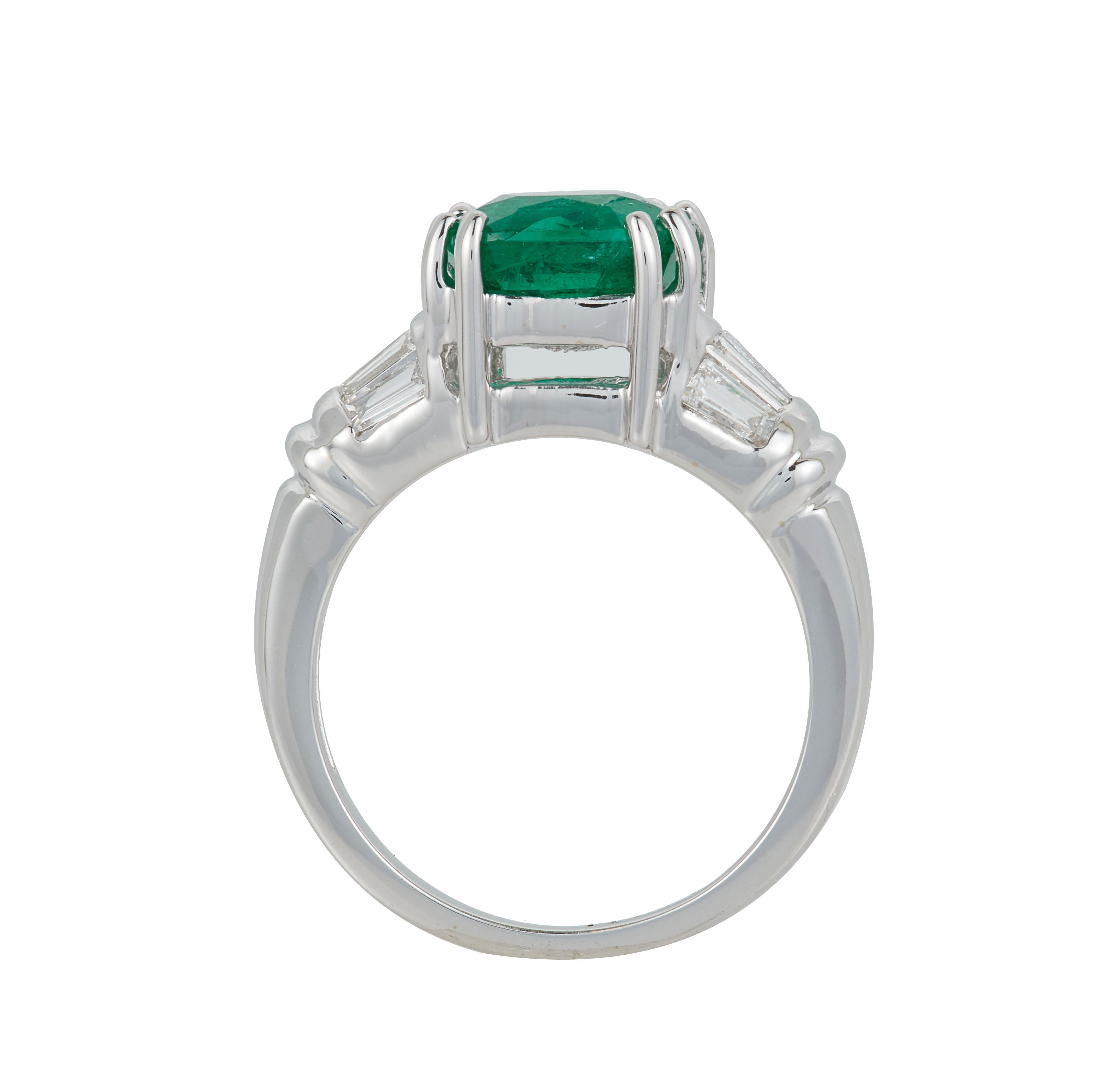 Contemporary Cushion Cut Emerald Baguette Bullet Diamond Engagement Ring 18 Karat White Gold