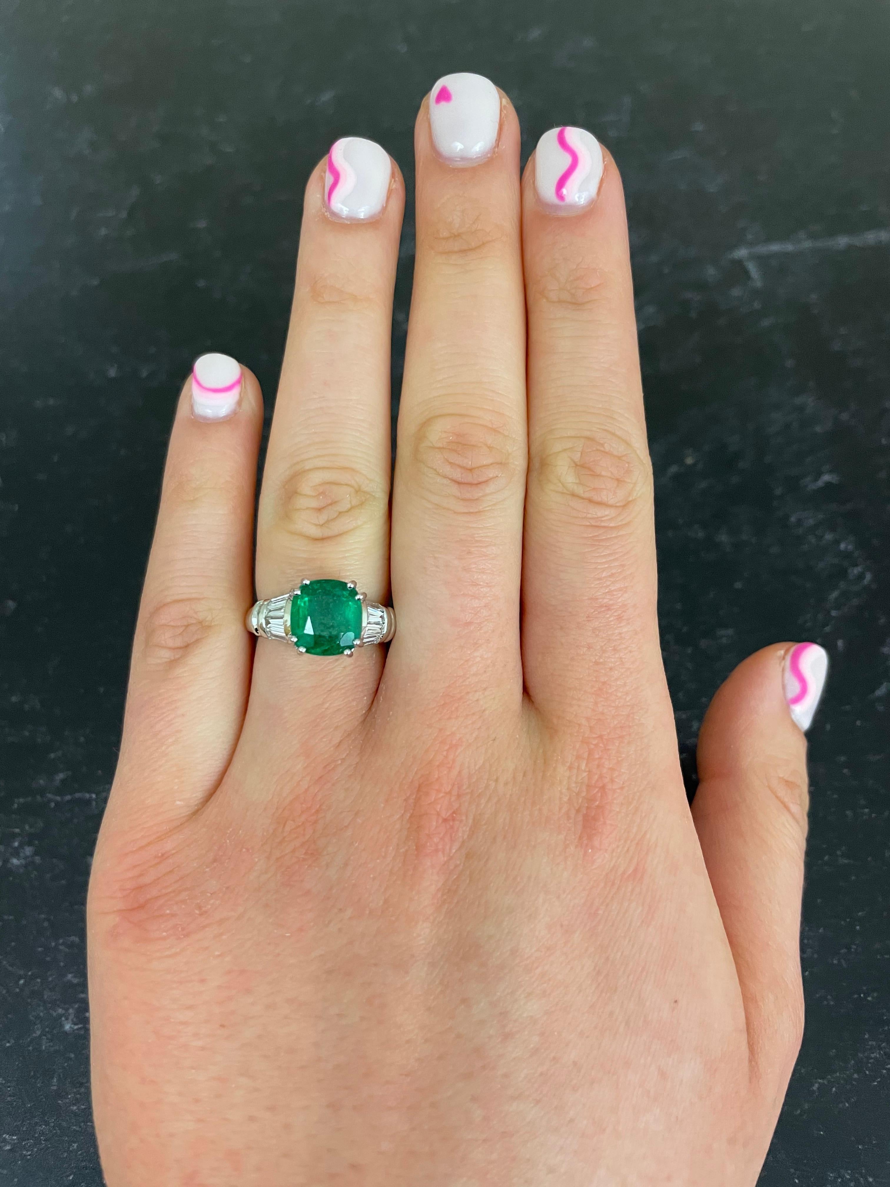 Cushion Cut Emerald Baguette Bullet Diamond Engagement Ring 18 Karat White Gold In New Condition In GREAT NECK, NY