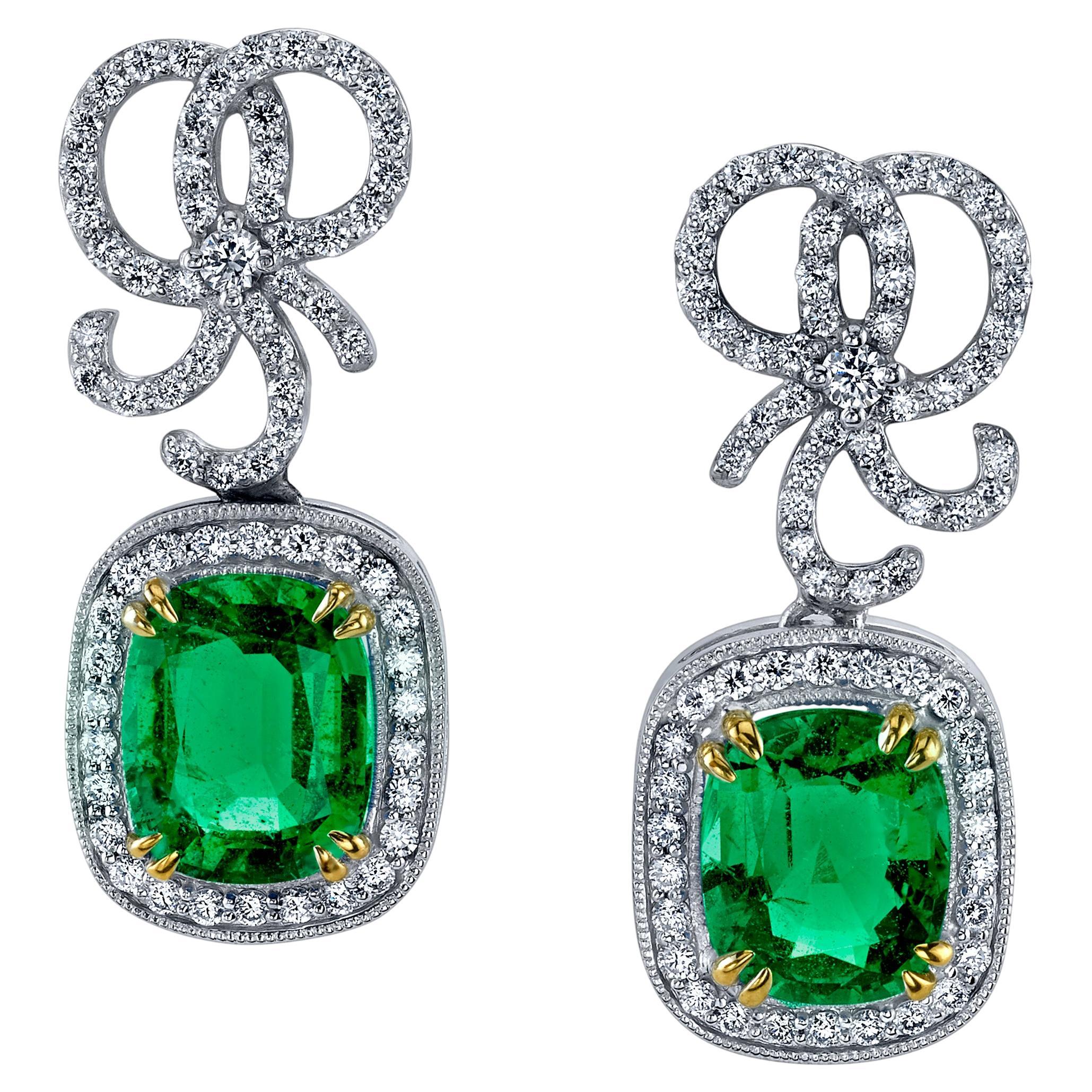  Cushion Cut Emerald & Diamond Earrings For Sale