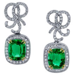Antique  Cushion Cut Emerald & Diamond Earrings