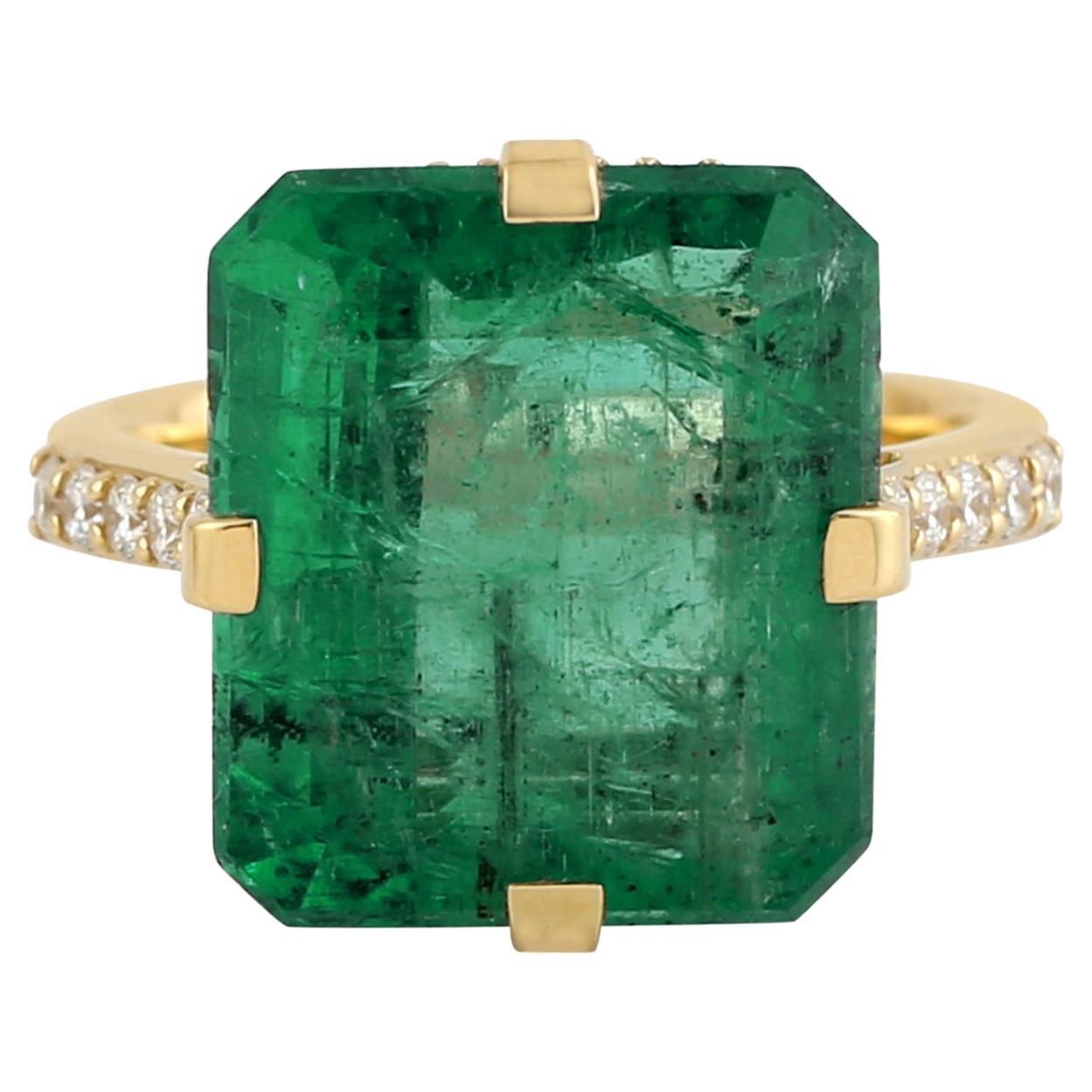 Zambian Emerald & Diamond Cocktail Ring Made In 18k Yellow Gold