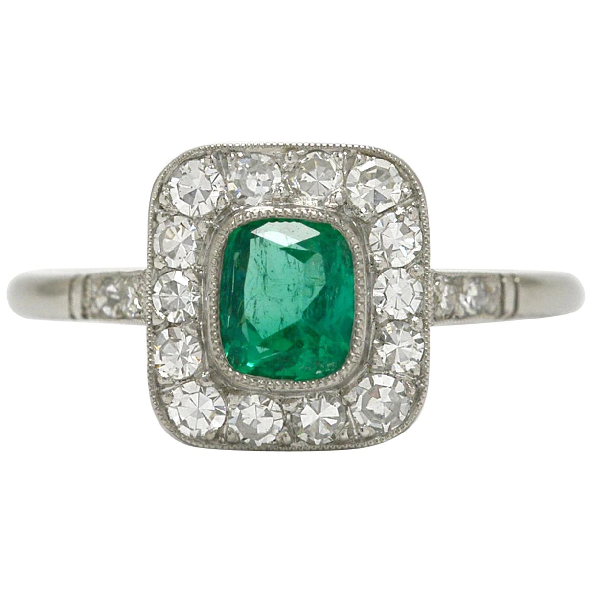 Cushion Cut Emerald Diamond Halo Oval Gemstone Art Deco Platinum Engagement Ring