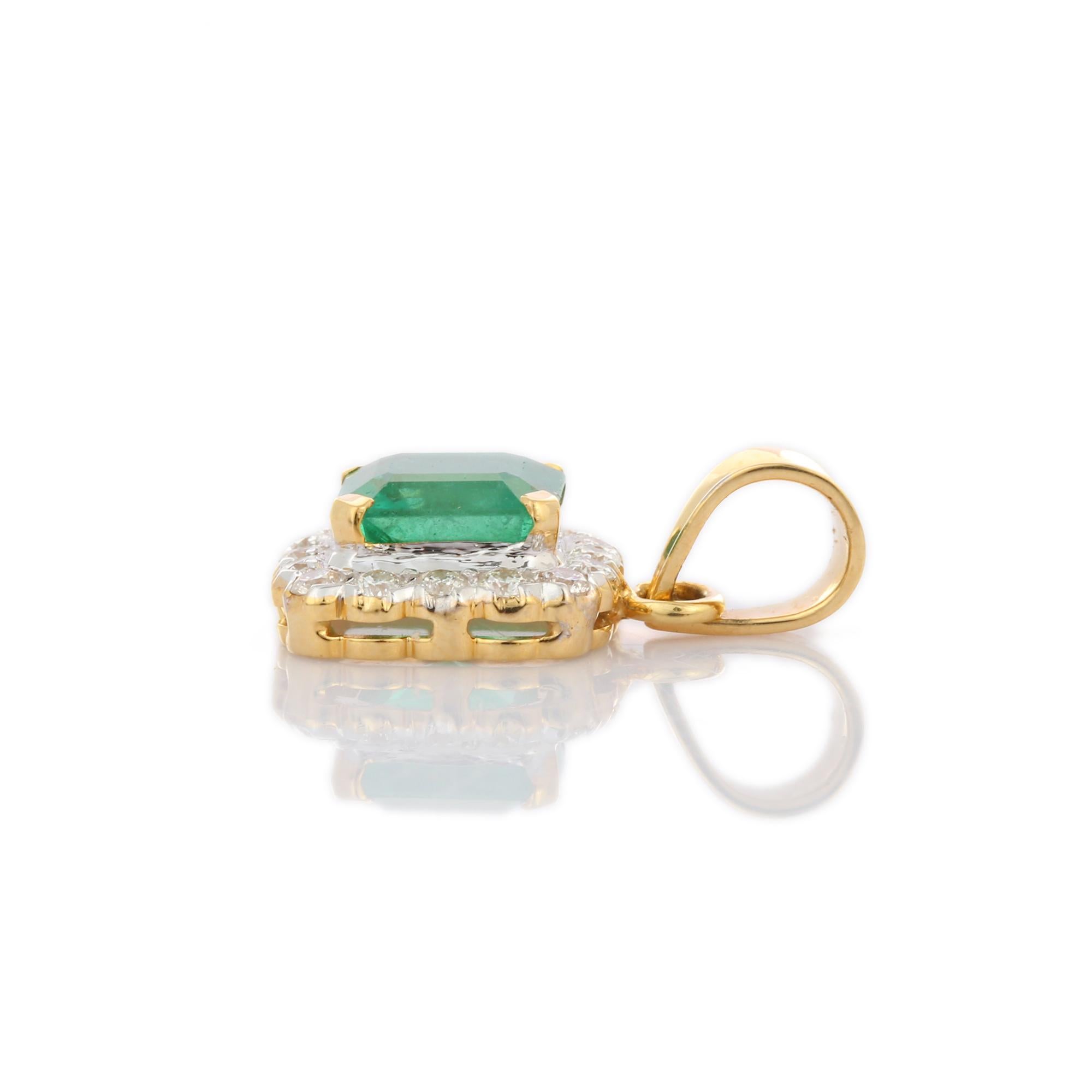 Emerald Diamond pendant in 14K Gold. It has a cushion cut emerald studded with diamonds that completes your look with a decent touch. Pendants are used to wear or gifted to represent love and promises. It's an attractive jewelry piece that goes with
