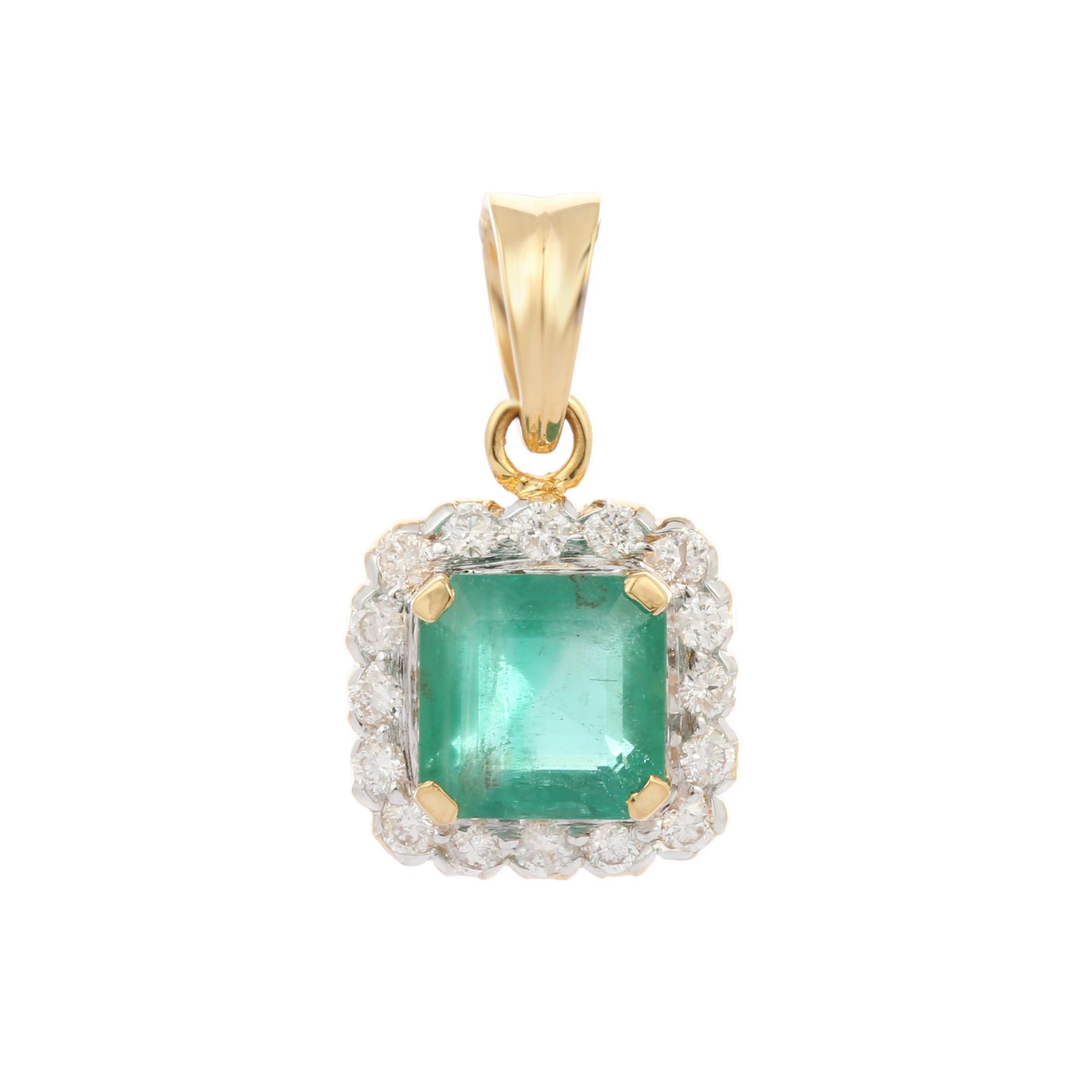 Art Deco Cushion Cut Emerald with Diamond Pendant in 14K Yellow Gold For Sale
