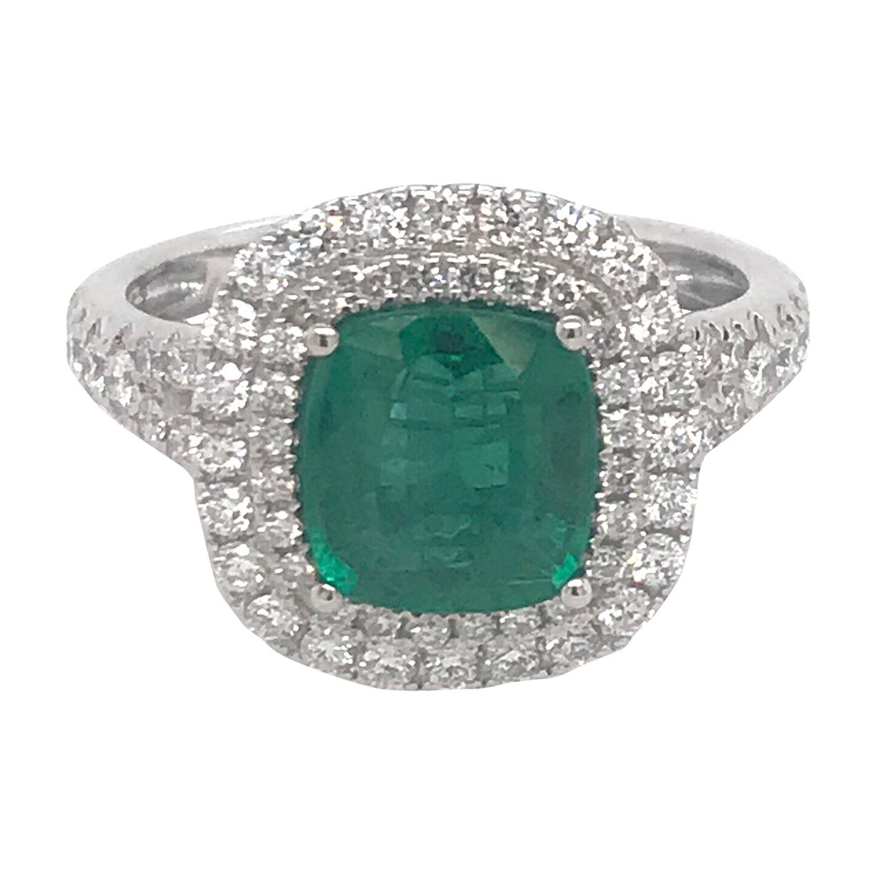 Cushion Cut Emerald Double Halo Ring 2.64 Carat 18 Karat