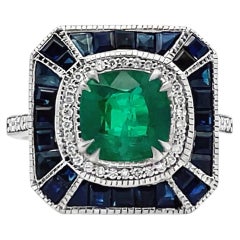 Cushion Cut Emerald in 18K White Gold Art Deco Inspired Ring with Sapphires