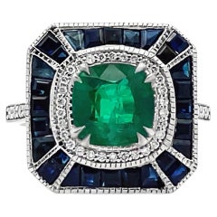 Cushion Cut Emerald in 18K White Gold Art Deco Inspired Ring with Sapphires