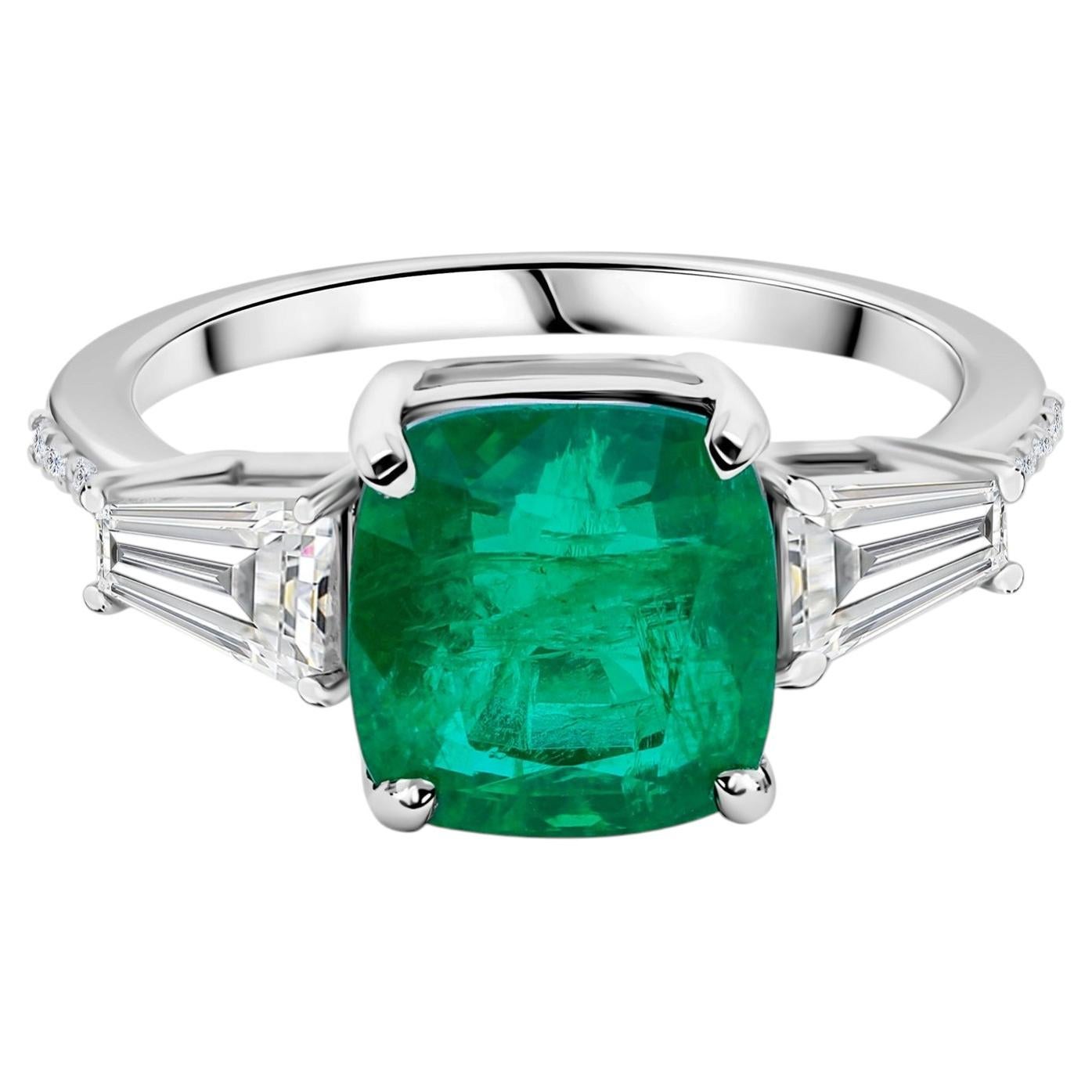 18K White Gold Cushion-Cut Emerald and Diamond Three-Stone Ring