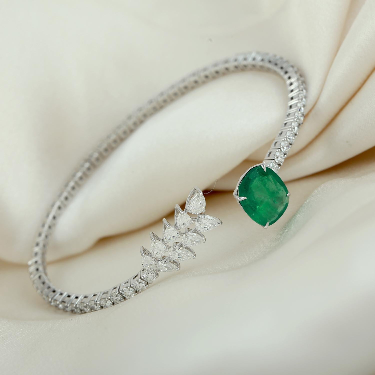 Artisan Cushion Cut Emerald & Rose Cut Diamond Bracelet Made In 18K White Gold For Sale