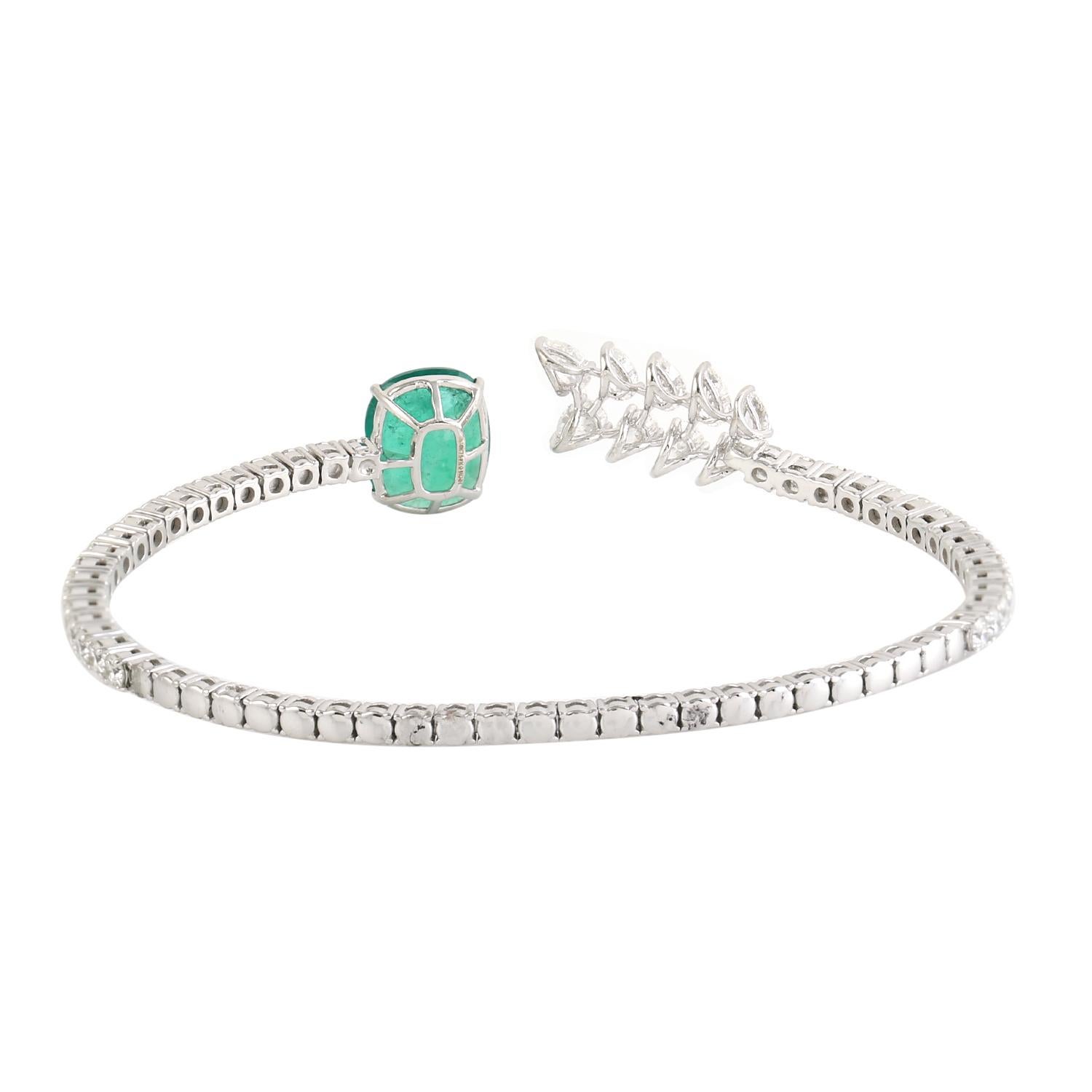 Mixed Cut Cushion Cut Emerald & Rose Cut Diamond Bracelet Made In 18K White Gold For Sale