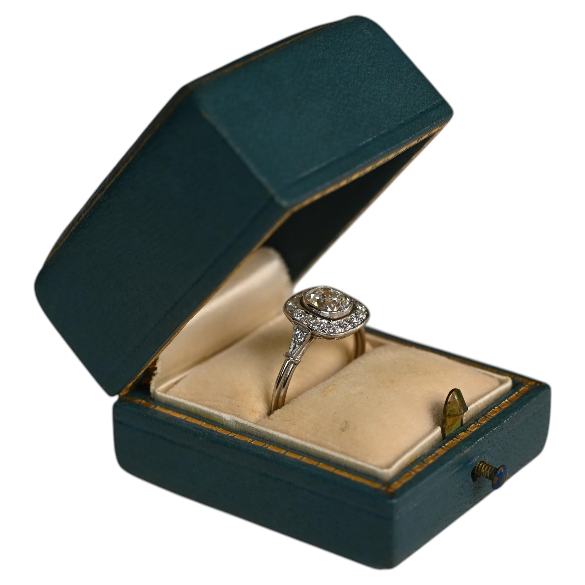 0.60ct Antique Cushion Cut Engagement Ring. Diamond Halo Ring Platinum H VS2