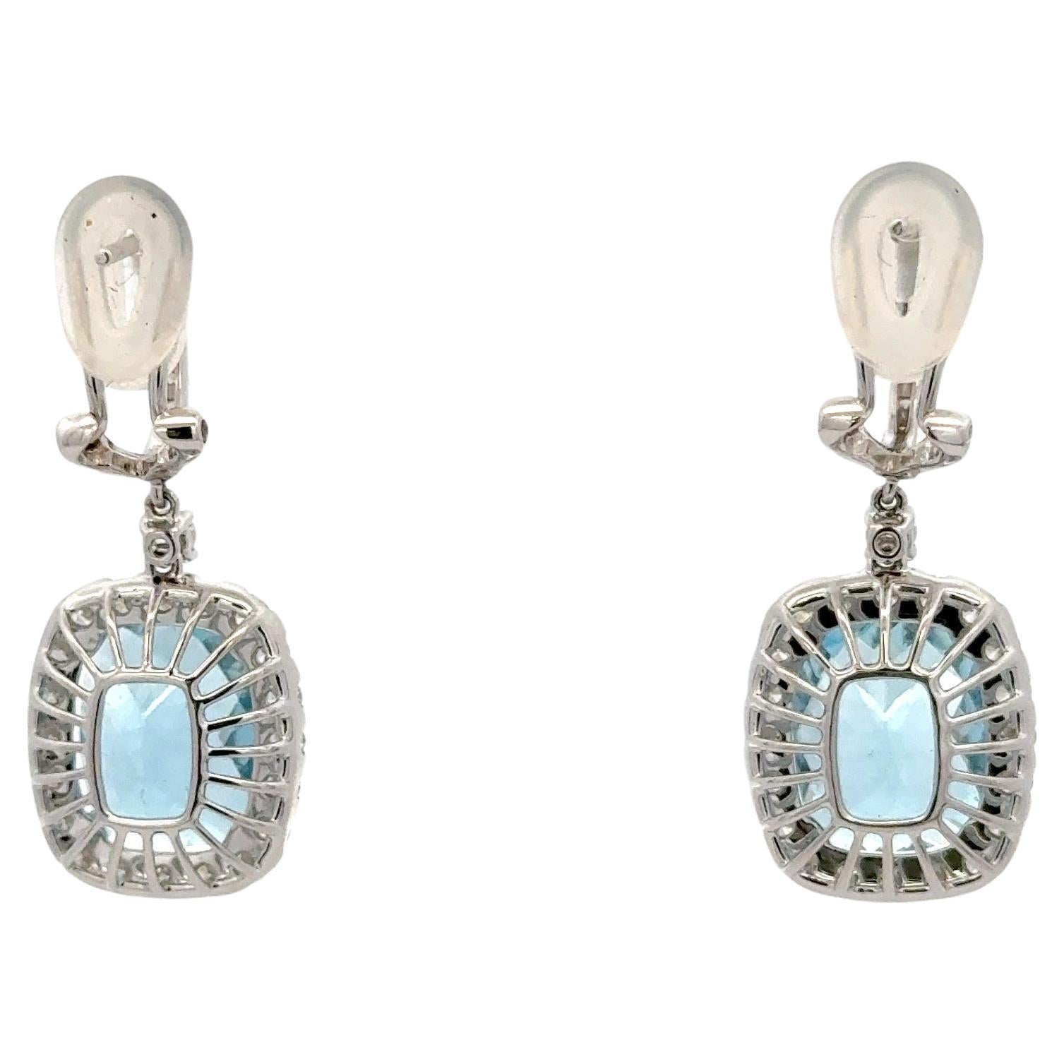Cushion Cut Faceted Aquamarine Diamond Halo Drop Earrings 8.36 CTTW 18KT  In New Condition For Sale In New York, NY