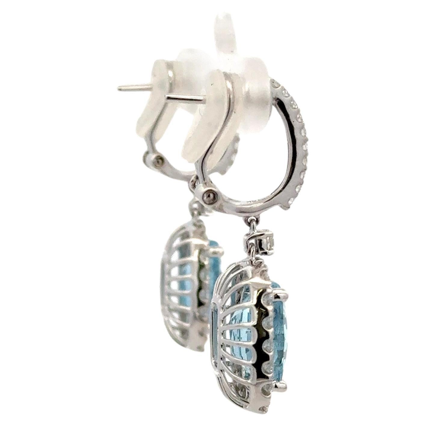Women's Cushion Cut Faceted Aquamarine Diamond Halo Drop Earrings 8.36 CTTW 18KT  For Sale