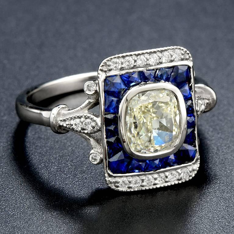 Art Deco Cushion Cut Fancy Diamond French Cut Blue Sapphire Cocktail Ring