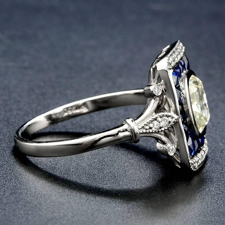 Cushion Cut Fancy Diamond French Cut Blue Sapphire Cocktail Ring In New Condition In Bangkok, TH