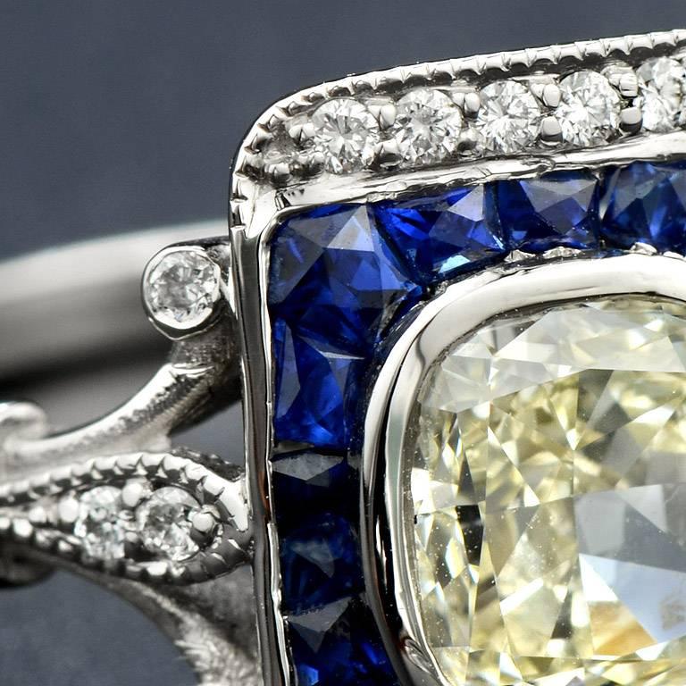 Cushion Cut Fancy Diamond French Cut Blue Sapphire Cocktail Ring 1