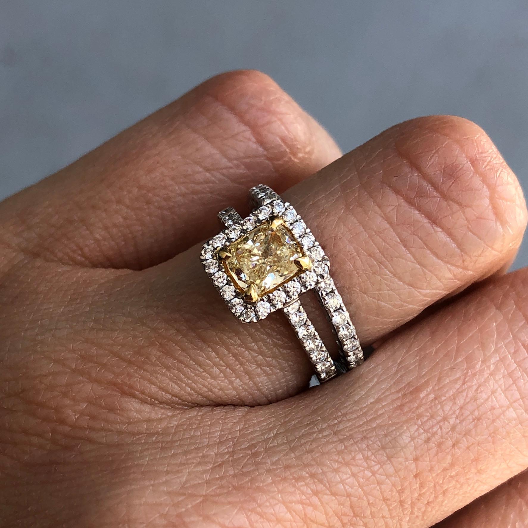 Cushion Cut Fancy Intense Yellow Diamond Engagement Ring 6