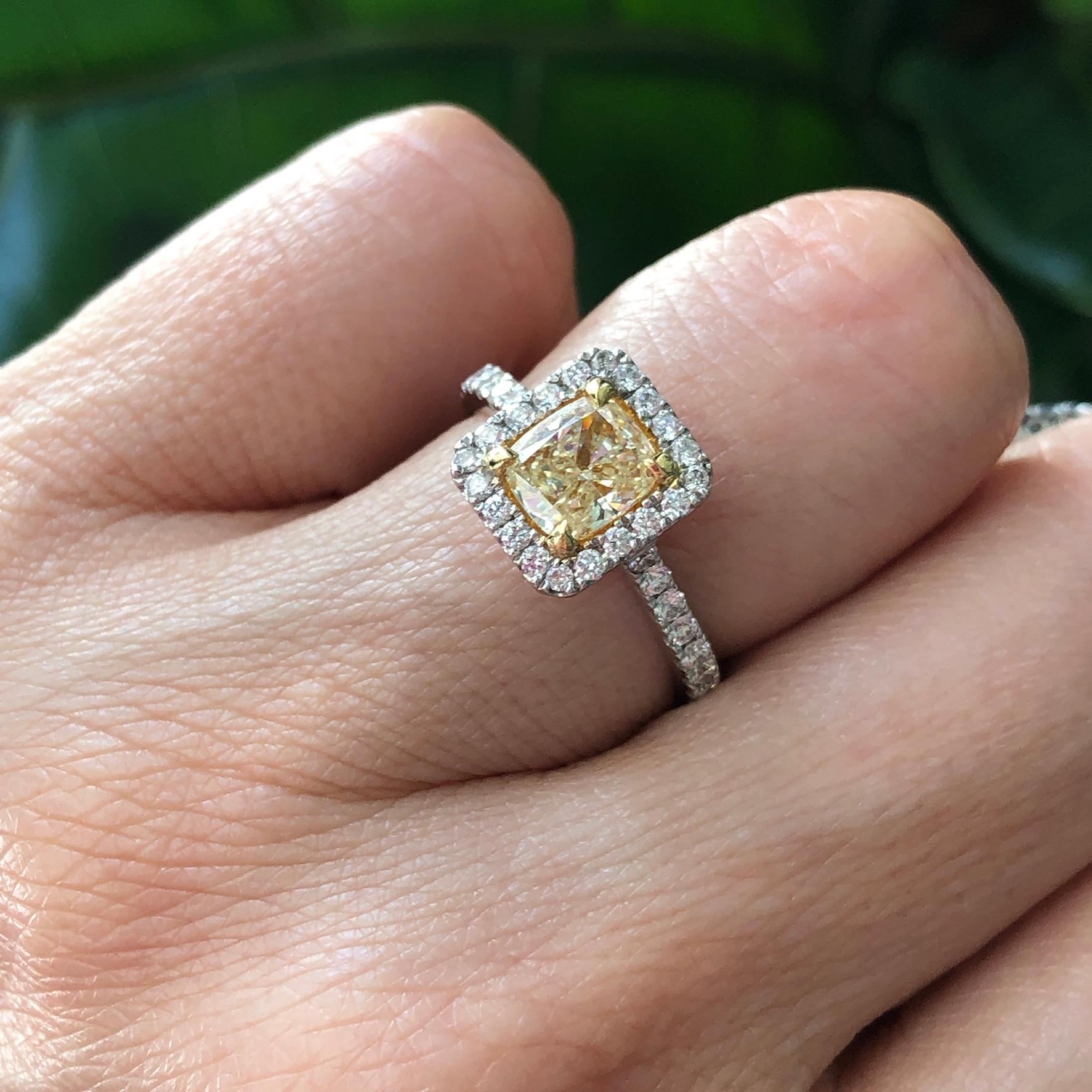 Contemporary Cushion Cut Fancy Intense Yellow Diamond Engagement Ring