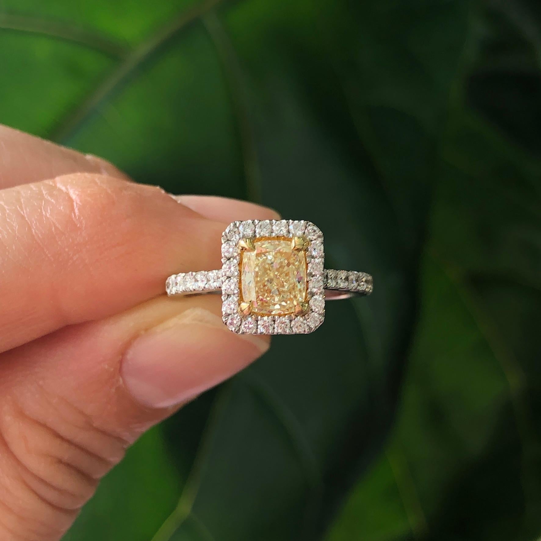 Cushion Cut Fancy Intense Yellow Diamond Engagement Ring In New Condition In Miami, FL