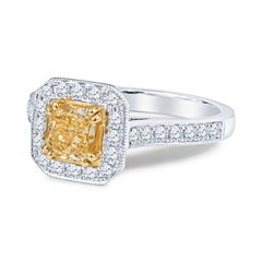 Cushion Cut Fancy Yellow and Diamond Engagement Ring in 18KT White Gold