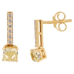 Cushion-Cut Fancy Yellow Diamond Bar Drop Stud Earrings in 14K Solid Yellow Gold