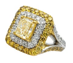 Cushion Cut Fancy Yellow & White Diamond Double Halo Ring Two Tone 18 Karat Gold