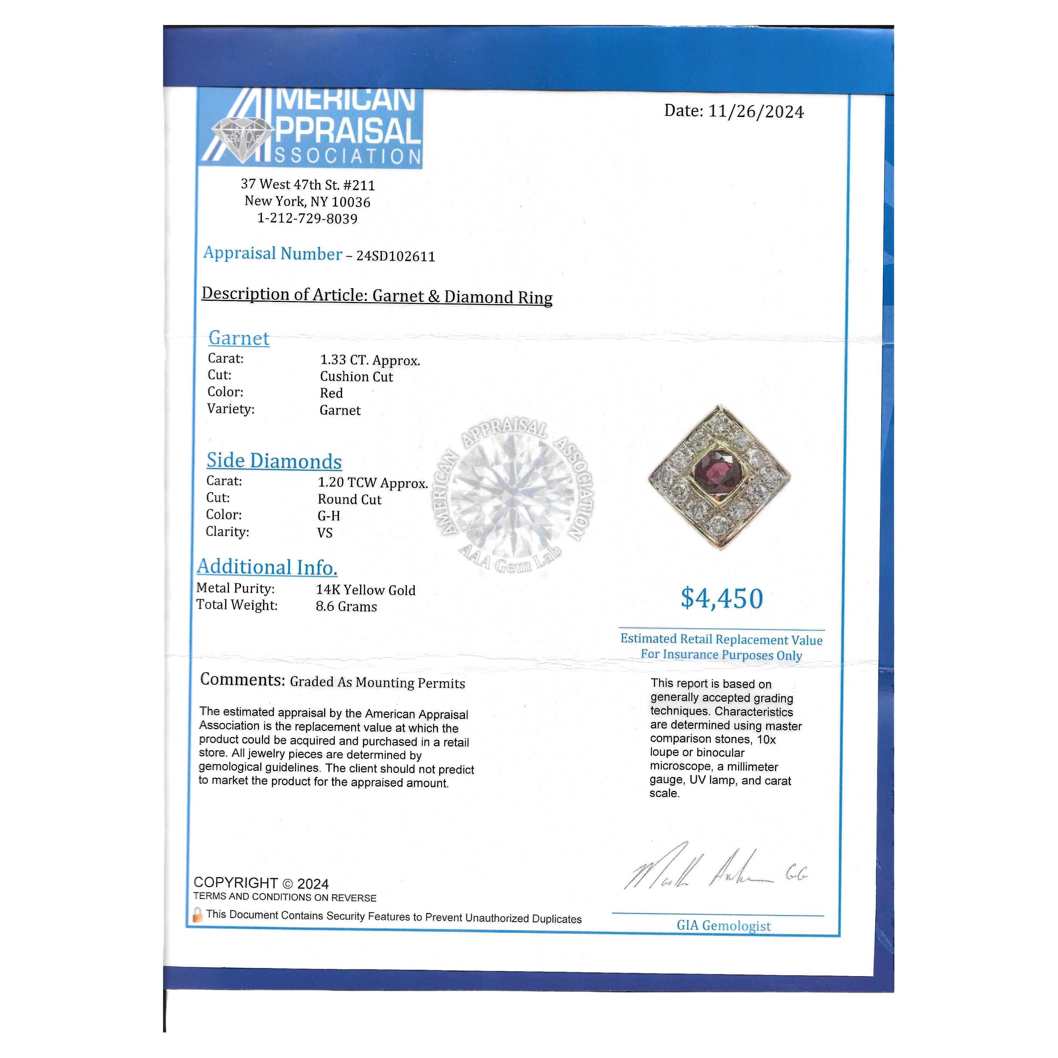 Quadratischer Cocktailring mit Granat im Kissenschliff und Diamant im Halo 14 Karat Gelbgold im Angebot 7