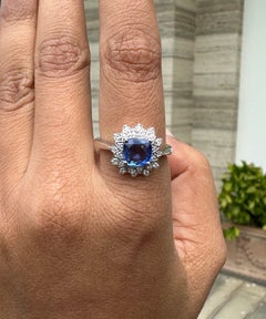 Genuine Blue Sapphire Halo Diamond Engagement Ring 18k Solid White Gold