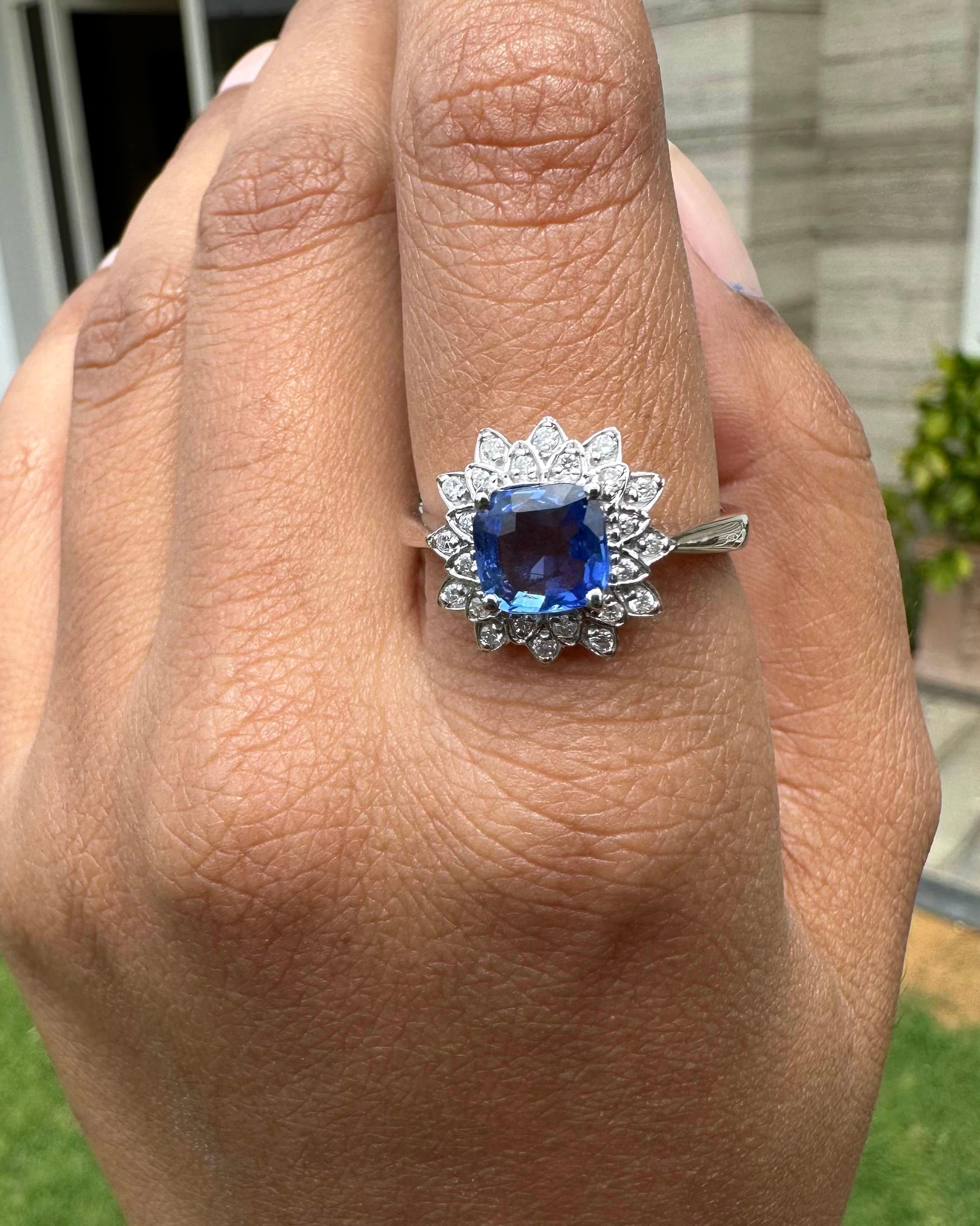 For Sale:  Genuine Blue Sapphire Halo Diamond Engagement Ring 18k Solid White Gold 6