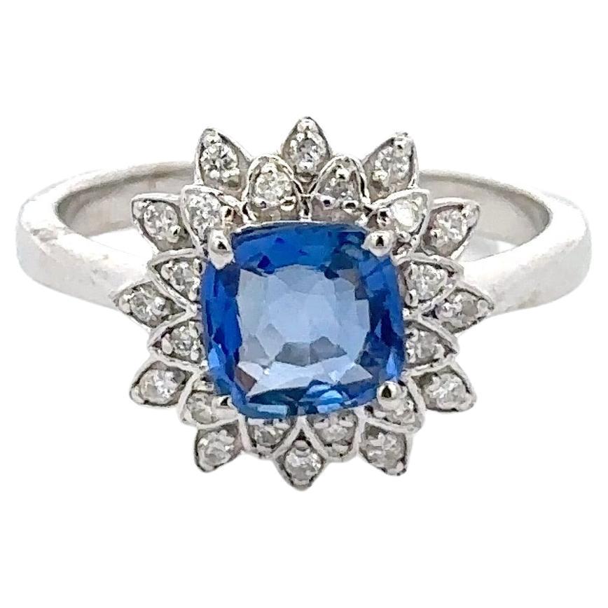 For Sale:  Genuine Blue Sapphire Halo Diamond Engagement Ring 18k Solid White Gold