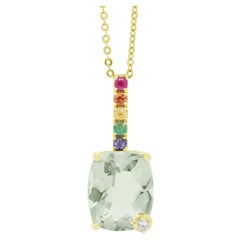 Cushion Cut Green Amethyst Multi Color Sapphire Diamond Rainbow Pendant on Chain