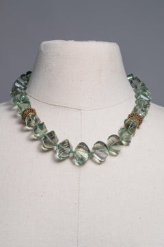 Cushion Cut Green Amethyst 'Prasiolite', 18K Gold and Emerald Beaded Necklace