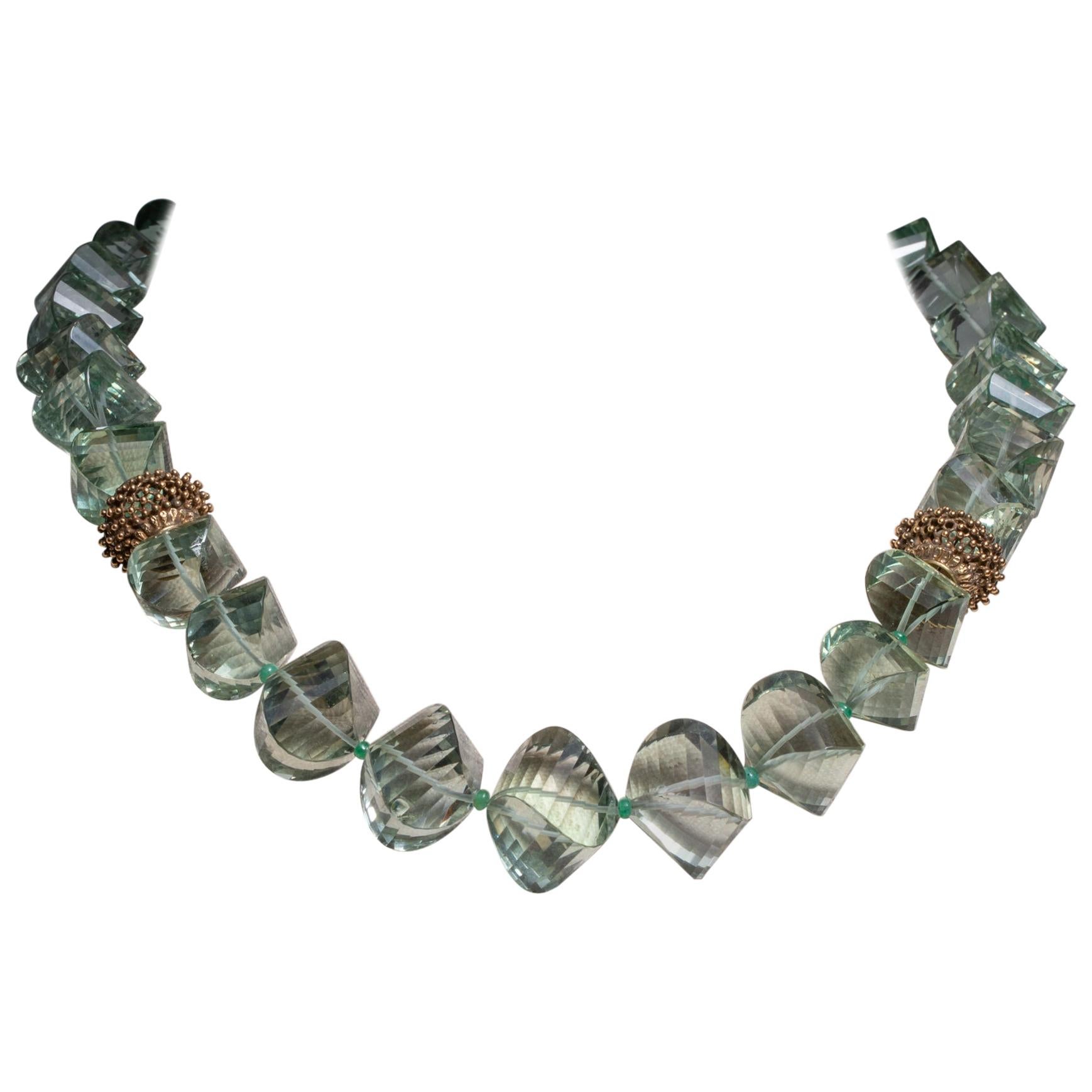 Collier de perles en or 18 carats et émeraudes avec améthyste verte taille coussin « Prasiolite »