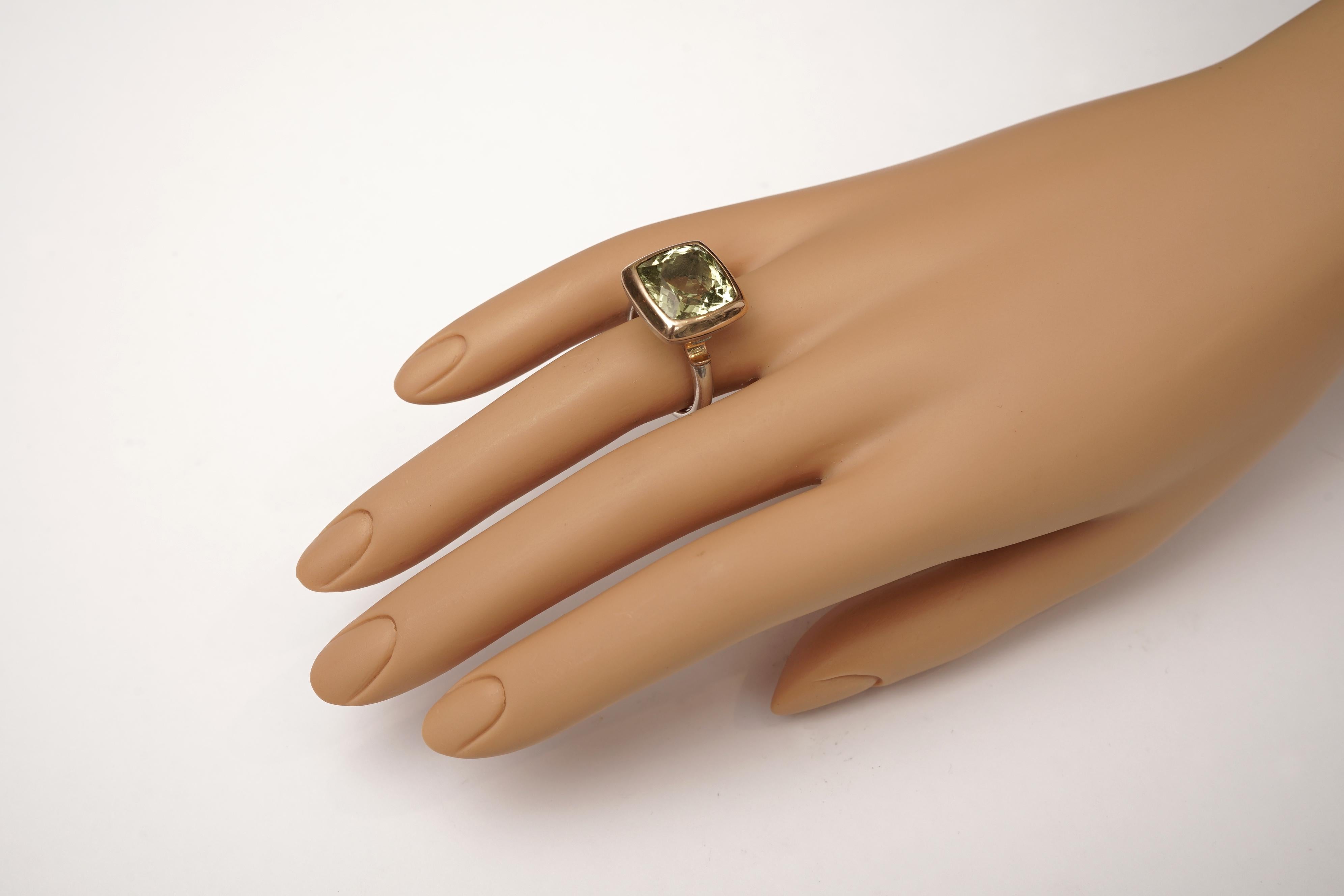 Cushion Cut Green Aquamarine in 18 Karat Gold and Sterling Silver Cocktail Ring