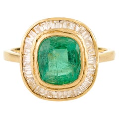 Cushion-Cut Green Emerald & Baguette Diamond Cocktail Ring in 18K Yellow Gold