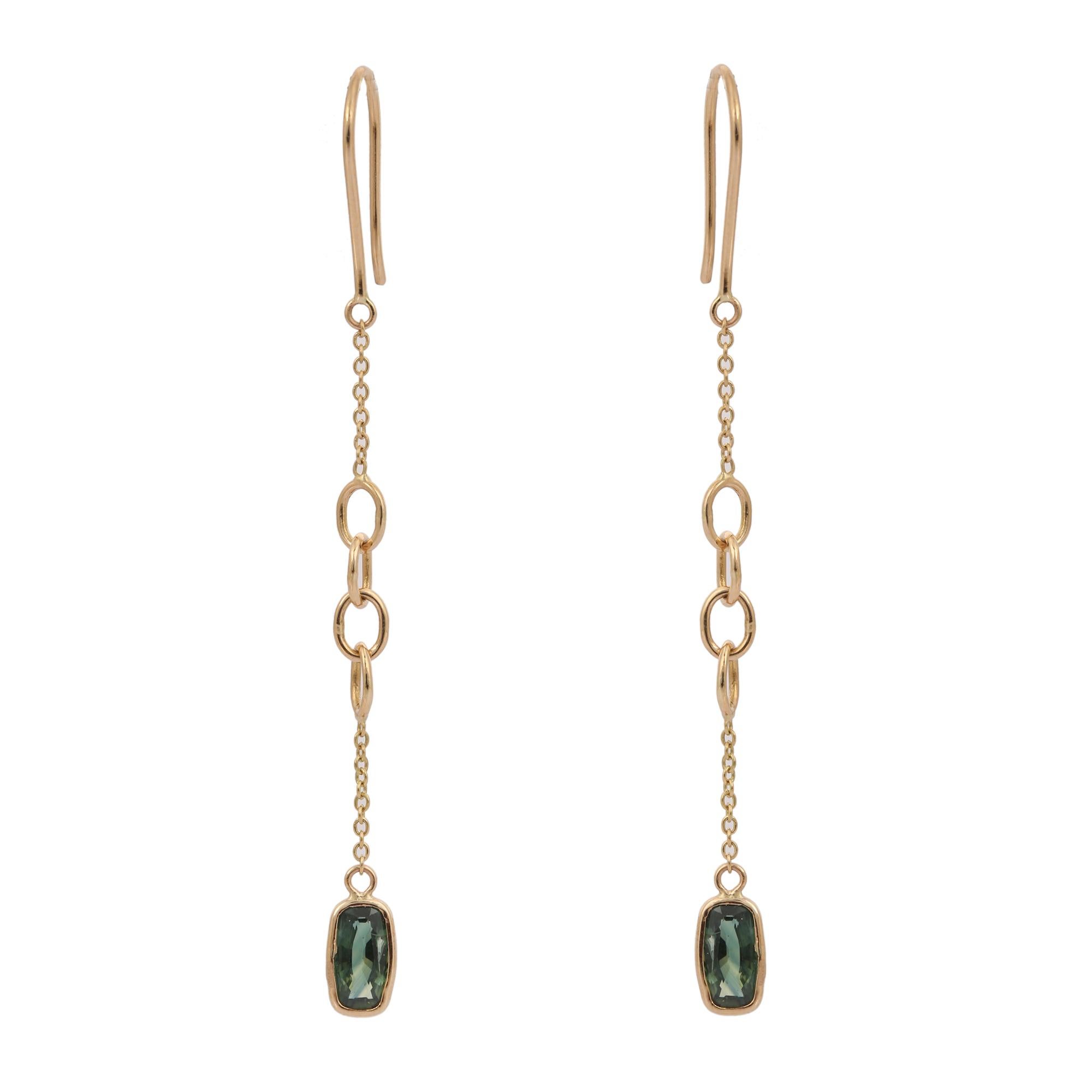 Modernist Minimalist Green Sapphire Dangle Drop Earrings in 18K Yellow Gold