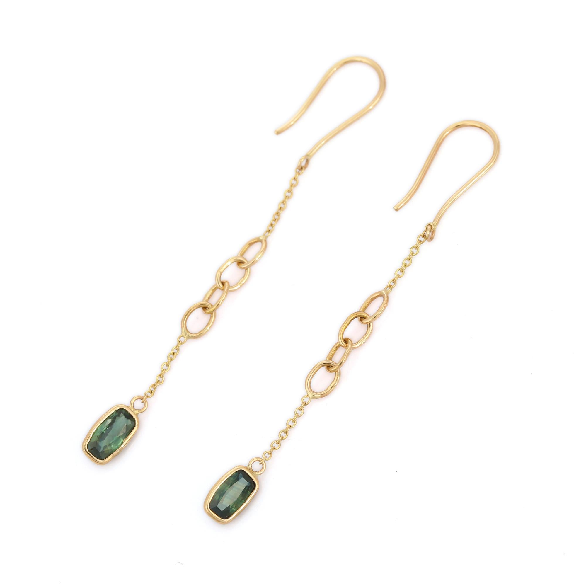 Cushion Cut Minimalist Green Sapphire Dangle Drop Earrings in 18K Yellow Gold