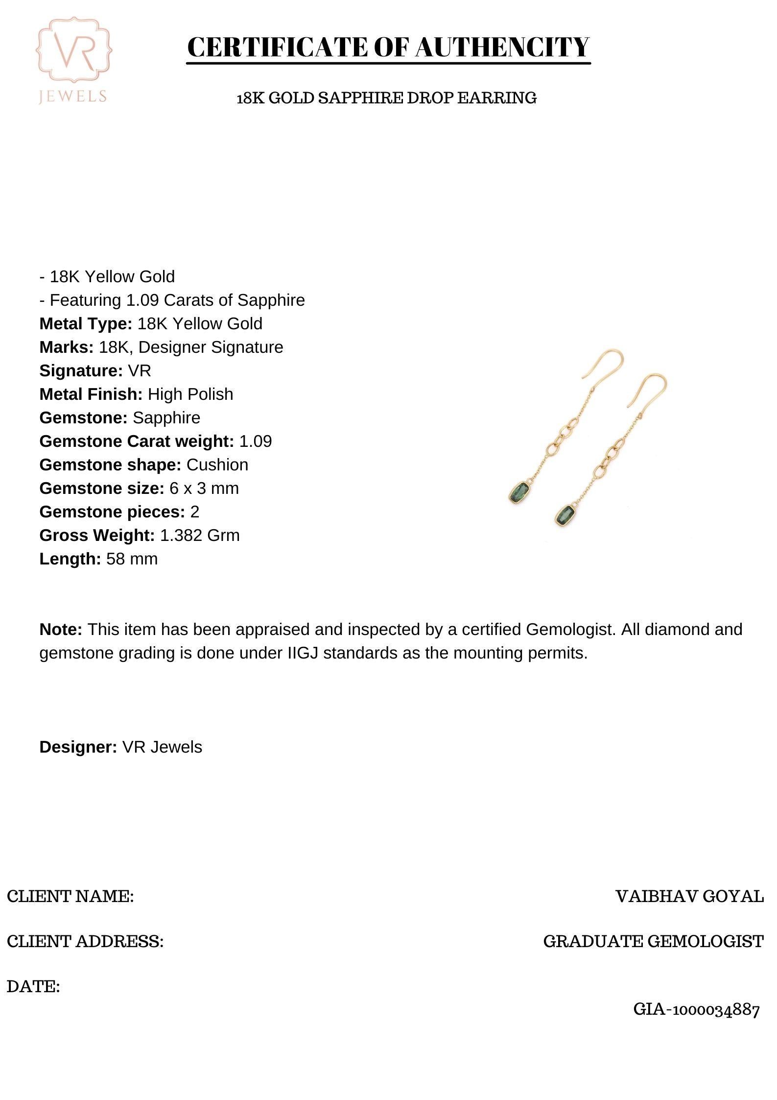 Minimalist Green Sapphire Dangle Drop Earrings in 18K Yellow Gold In New Condition In Houston, TX