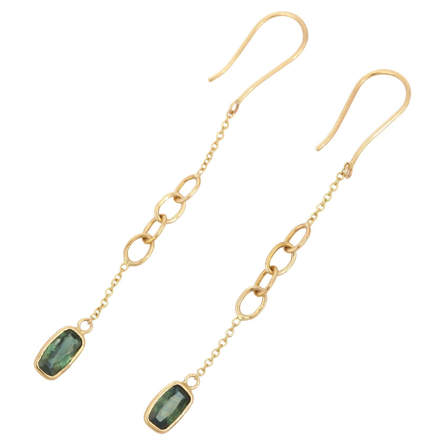 Minimalist Green Sapphire Dangle Drop Earrings in 18K Yellow Gold