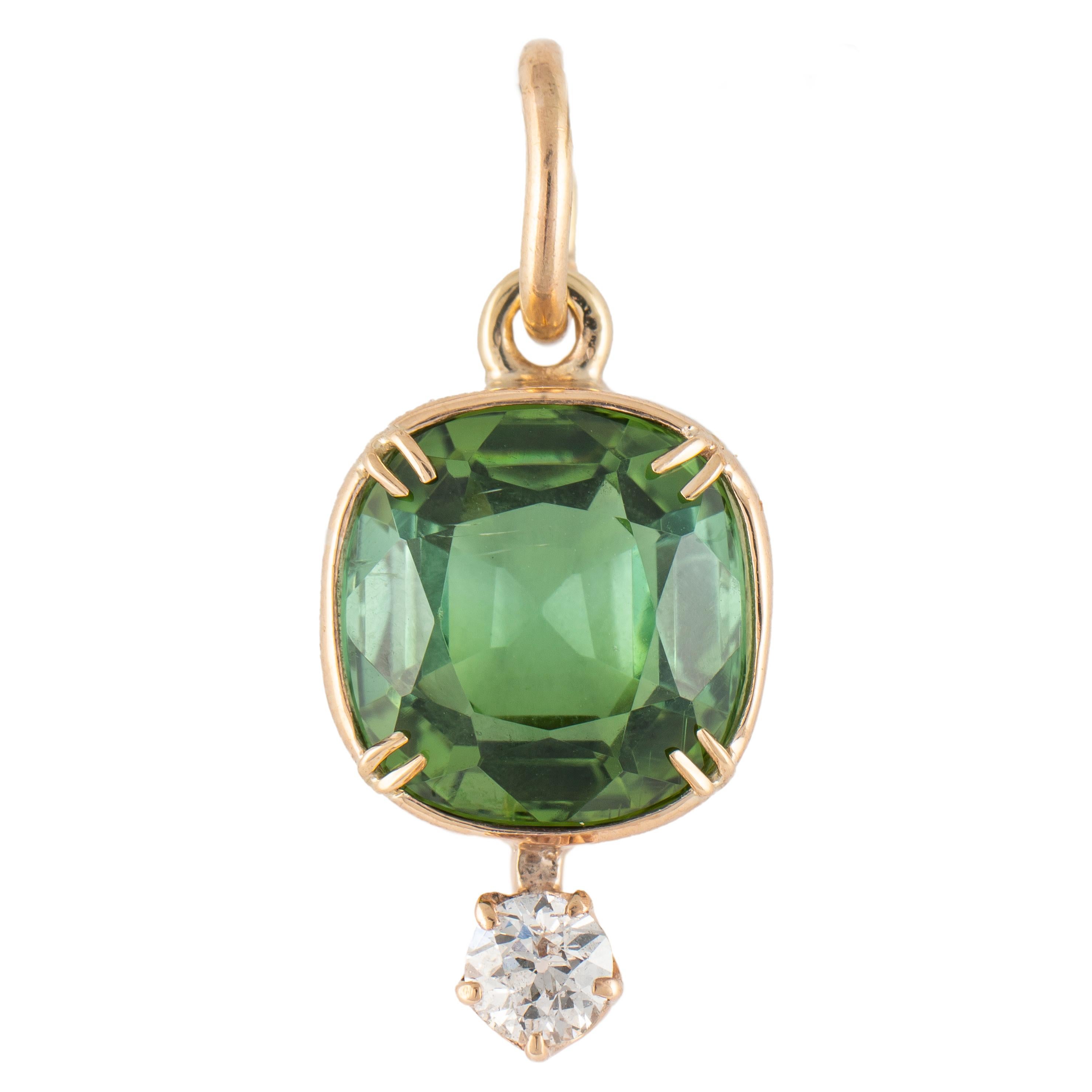 Edwardian Cushion-cut Green Tourmaline Diamond Gold Pendant, 1930s For Sale