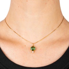 Cushion-cut Green Tourmaline Diamond Gold Pendant, 1930s