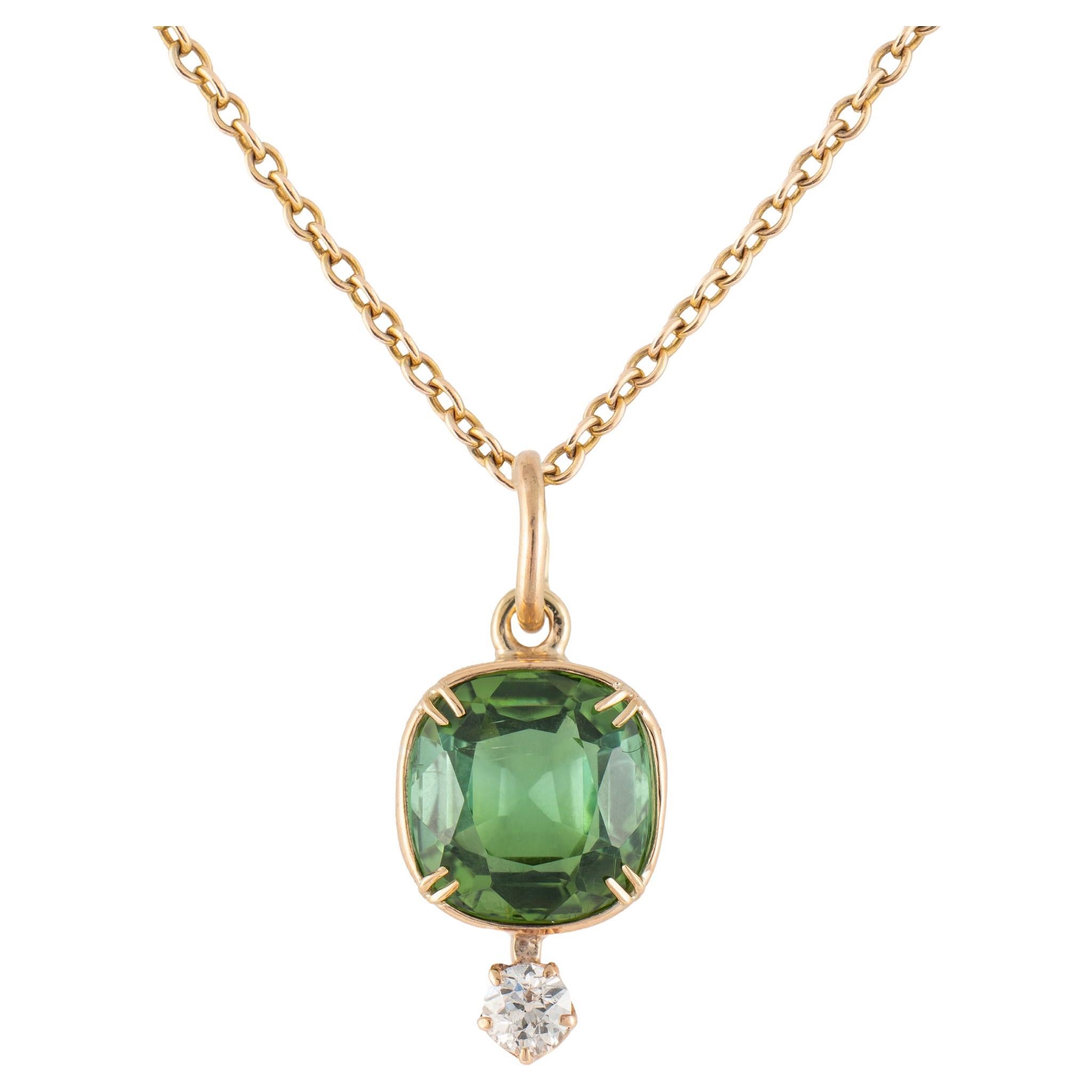 Cushion-cut Green Tourmaline Diamond Gold Pendant, 1930s For Sale