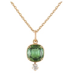 Cushion-cut Green Tourmaline Diamond Gold Pendant, 1930s