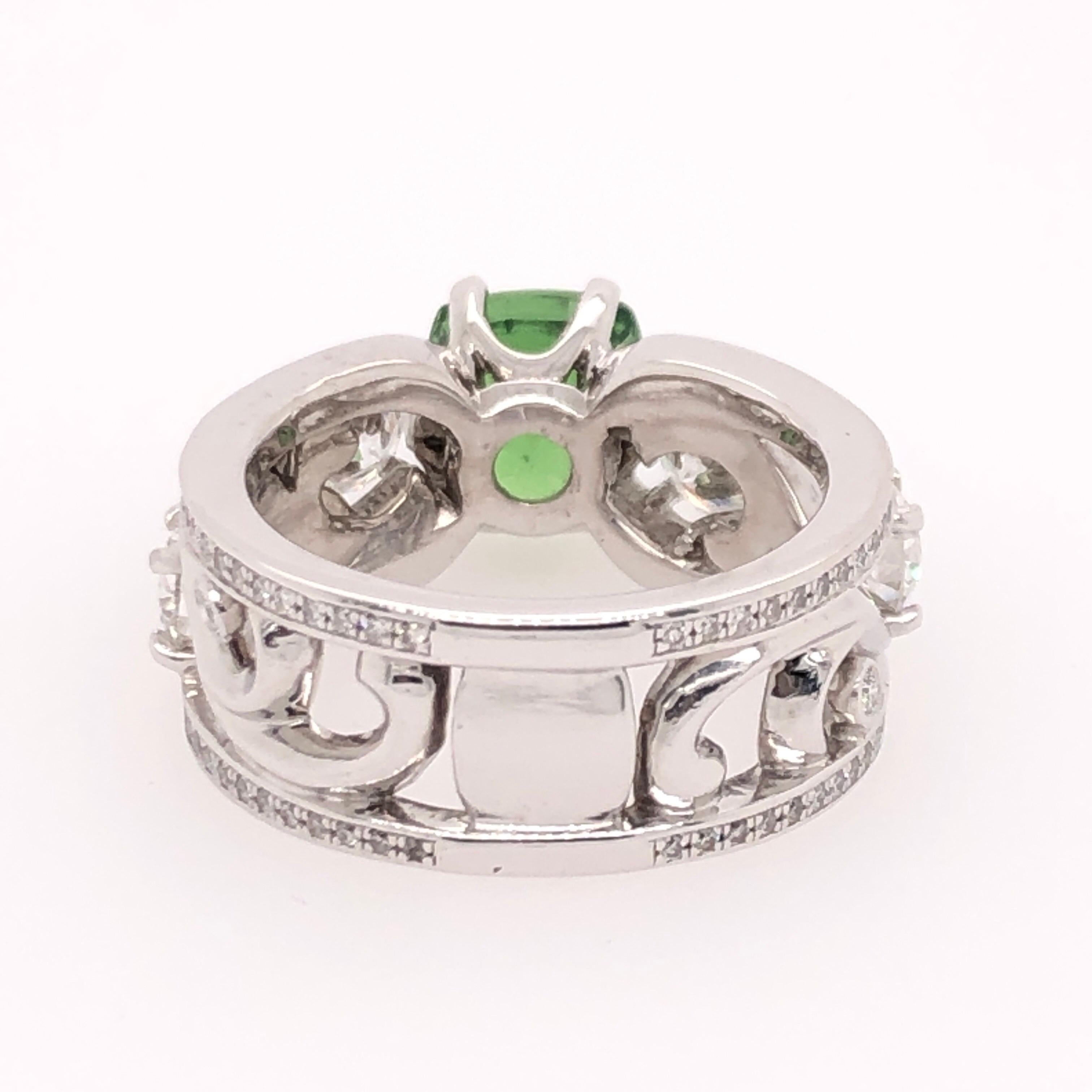 Cushion Cut Green Tsavorite and Diamond White Gold Ring In New Condition In Dallas, TX