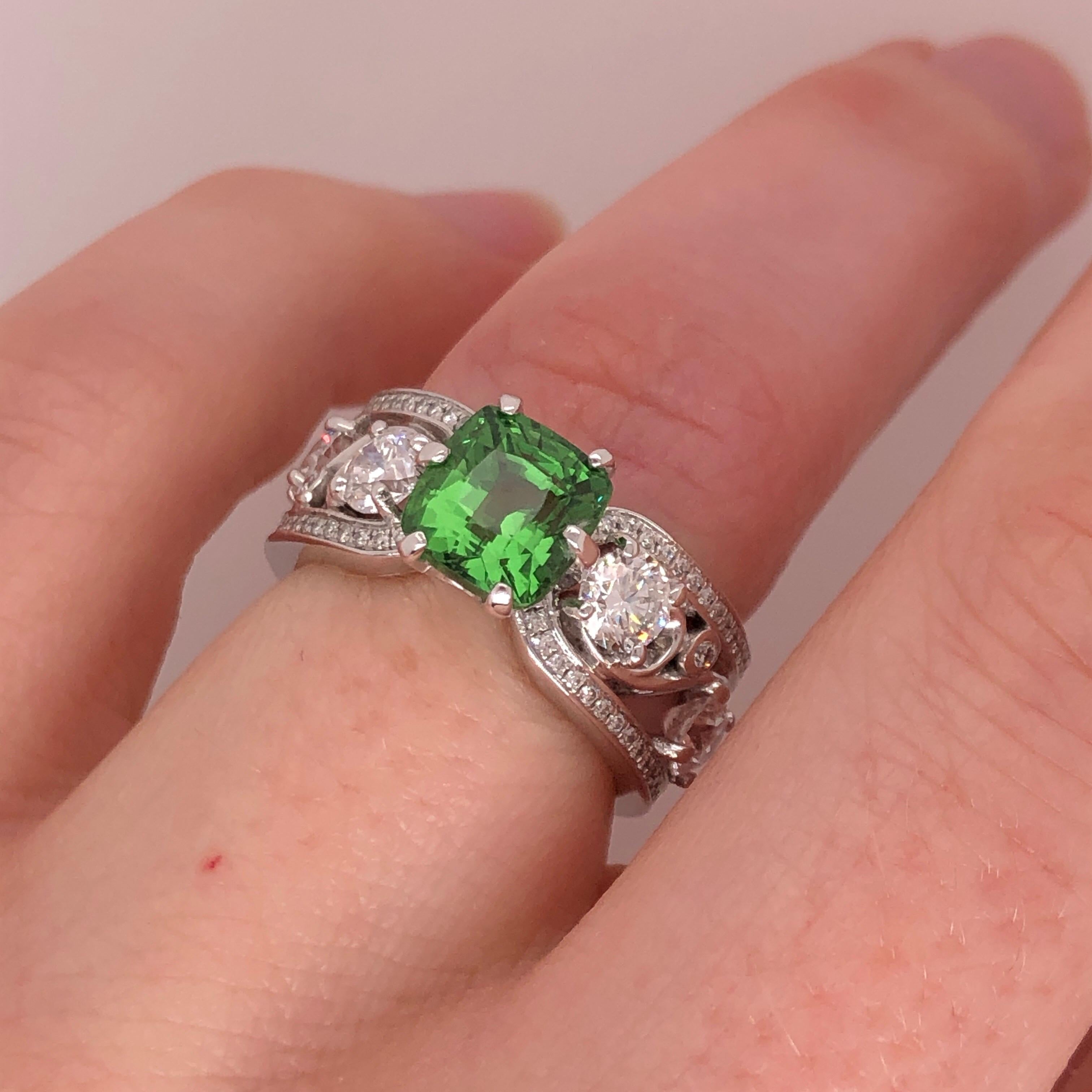 Women's Cushion Cut Green Tsavorite and Diamond White Gold Ring