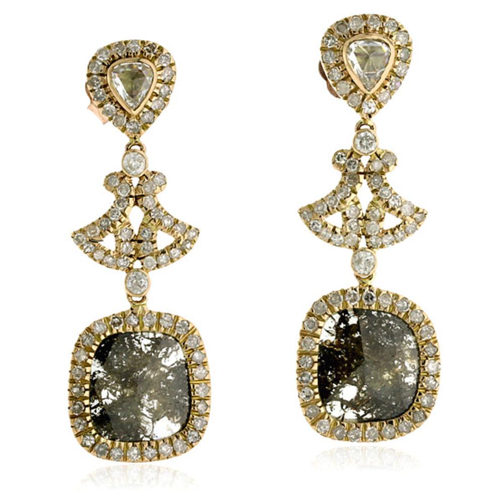 Mixed Cut Cushion Cut Ice Diamond Dangle Earring with Diamonds Made in 18k Yellow Gold For Sale